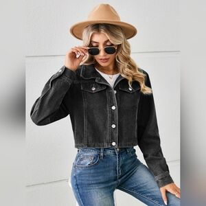 Classic Denim Jacket Black Jean Long Sleeve Button-up Front Collar Neck Casual